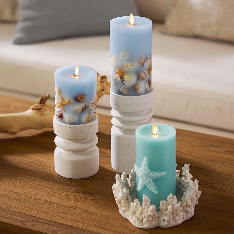 Luminara Flameless LED Candle Soft Chambray Embedded Seashell & Starfish