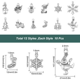 SUNNYCLUE 1 Box 120Pcs 12 Style Christmas Tibetan Style Charms Winter Theme Snowflake Pendants Antique Silver Snowman Pendants Metal Alloy Christmas tree Beads Bulk for Jewelry Making Charm DIY Craft, Metal