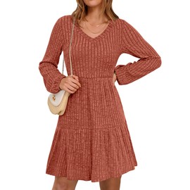 ANRABESS Women's Long Lantern Sleeve Ribbed Knit Dresses V Neck Casual 2025 Fall Winter Flowy Swing Tunic Sweater Short Dress Burnt Orange Medium