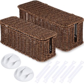Burbell 14 Pcs Rattan Cable Management Box Kits Include Cord Storage Basket, 2 Open Slots Cord Hider Organizer with White Cable Ties Cord Holder Cable Clips for TV Computer USB Hub to Hide Cords