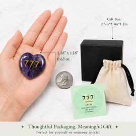 Amethyst 777 Angel Number Heart Stone – Complete Gift Set with Cotton Linen Pouch | Polished Crystal Palm Stone for Intuition & Divine Guidance | Spiritual Awakening Pocket Gift |for Grilfriend,Women