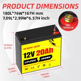 12V 20Ah LiFePO4 Lithium Battery, 6000+ Deep Cycles Rechargeable Battery for Fish Finders, Power Wheels, Solar/Wind Power, Ham Radio, Scooters, Small UPS and More