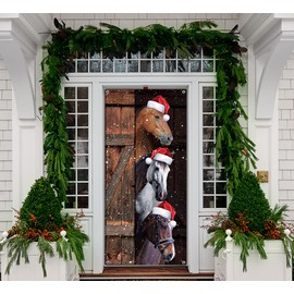 Funny Christmas Door Banner Horses Merry Christmas Door Cover Decoration Funny Xmas Party Decoration Supplies Christmas Party Photography Background Christmas Holiday Farmhouse Door Decoration