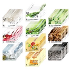 Dewy Sheet Mask Pack 100 sheets randomly sent. Aloe, snail collagen, pearl, red ginseng, cucumber, royal jelly, and vitamins. / 듀이 시트 마스크팩 100매 랜덤발송 알로에 달팽이 콜라겐 진주 홍삼 오이 로얄젤리 비타민