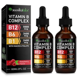 Acentiallabs Vitamin B Complex Liquid Drops (60ml/2 fl.oz) - Includes Vitamin B12, B6, B1, Niacin & Folate - Healthcare Supplement - Specification: Vitamin B Complex Drops 60ml *2
