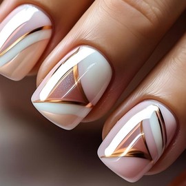 Press on Nails Short Fake Nails with Geometric Lines Designs Square Nails Press ons Glossy Glue on Nails Summer Acrylic Nails Cute False Nails Artificial Stick on Nails for Women 24Pcs