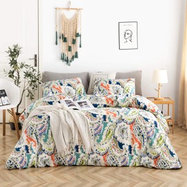 YuHeGuoJi 3 Piece Duvet Cover Set 100% Cotton Queen Size Boho Multicolor Paisley Bedding Set 1 Blue Orange Floral Print Duvet Cover with Zipper 2 Pillowcase Hotel Quality Soft Breathable Lightweight