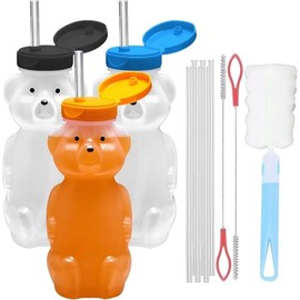 Vaso Entrenador para Bebé 3 Piezas - Reutilizables con 6 Popotes Flexibles y Limpiador,Diseño Osito Anti-derrames,sin BPA(Tapa Hermética, Ideal para T
