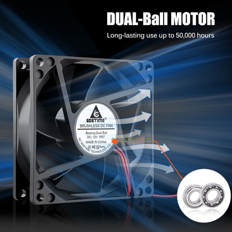 GDSTIME 80mm x 25mm 12V DC Waterproof IP67 Fan Dual