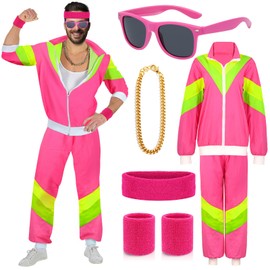 ATOWORLD 90er 80er Jahre Outfit Herren Damen Mottoparty Kostüm Kostüm 80er Jahre Trainingsanzug Jacke Hose Anzug 80er Accessoire 80er Jahre Kleidung Herren Frauen Rocker Vintage Bad Taste Kostüm für Karneval S