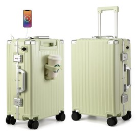 MYER Hard Shell Carry On Luggage 22x14x9 Airline Approved,20 Inch Aluminum Luggage with 100% 3-Layer PC,Carry On Suitcases with Wheels,Cup Holder and USB Port (Vanilla Green, 20 inch)