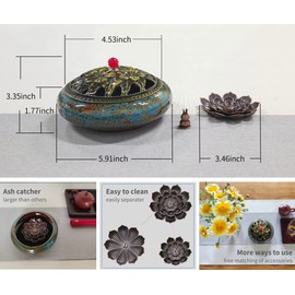 KOPYFANTAP Incense Stick Holder Lotus Ceramic Incense Burner with Brass Calabash Incense Holder and Metal Cover, Easy to Collect Ash and Clean, Blue