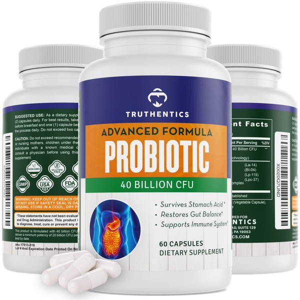 TRUTHENTICS Probiotic 40 Billion CFUs - Probiotics with Lactobacillus Acidophilus & Prebiotic Fiber - Digestive & Immune Health Capsules for Women & Men - Shelf Stable - 60 Count