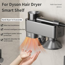 Hair Dryer Holder for Dyson, Blow Dryer Stand Wall Mount with Automalic Hand Drying, No Drilling Required, Magnetic Nozzle Storage Organizer Compatible with Dyson Hair Dryer Accessory (Dark Gray, hair dryer holder only)