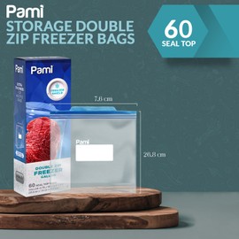 PAMI 60 Ct Reusable Leakproof Gallon Slider Freezer Bags with Expandable Bottom, Double Zipper Closure, Write on Label