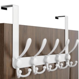 Dseap Over Door Hook 2.0 - Upgraded Version - Simple-Assembly, Strong, Heavy-Duty Stainless Steel 5-Tri-Hook Over the Door Hanger Rack, SimpleStrong Series, White