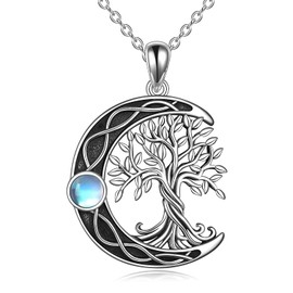 YAFEINI Tree of Life Necklace 925 Sterling Silver Moonstone Celtic Knot Pentagram Pendant Necklace for Women Jewellery, Sterling Silver, Oxidised
