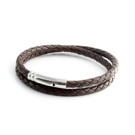 CMJ London Mens Leather Bracelet with Stainless Steel Clasp Genuine 5mm Dark Brown Braided Leather Double Wrap Bracelet