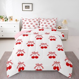 Erosebridal Red Cherry Bow Comforter Set for Women Girls Cute Princess Bowknot Bedding Set King Pink Ribbon Bow Comforter Simple White Aesthetic Coquette Duvet Insert with 2 Pillowcases