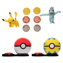 Pokémon Bandai Poké Ball Surprise Attack - Fighting Game - 2 Pokémon Balls with Her and 6 Attack Discs - Pikachu and Machoc - JW2721