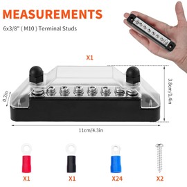 12V-48V DC Busbar Distribution Block, 100A Busbar 6-Pin Single Row Busbar Screw Clamp for Car RV Boat Yacht (Black)