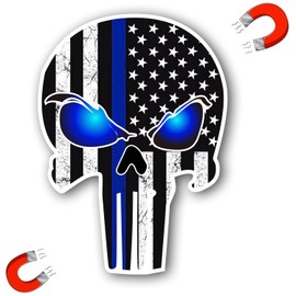 Punisher Skull Tattered Subdued US Flag Reflective Magnet Decal with Thin Line Car Sticker, Truck Accessories (Black with Blue)