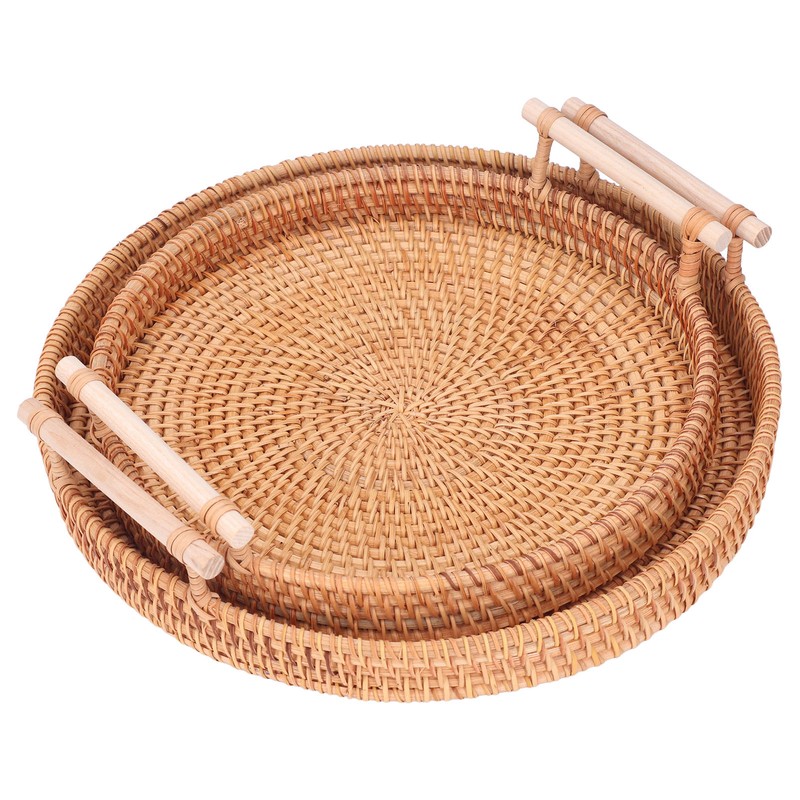 2PCS Hand Woven Rattan Tray Round Serving Tray Tea Fruit