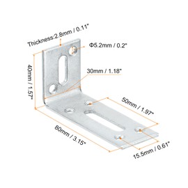 sourcing map Adjustable L Corner Braces, 4Pcs 80 x 40 x 30mm Cold Rolled Steel L Corner Code, 90 Degree Slotted Angle Brace Bracket for Furniture Mending, Silver