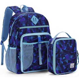 VASCHY Kids Backpack Lunch Bag Set, Boys 2-1 School Bookbag Insulated Lunch Box for Toddlers,Preschool,Daycare,Kindergarten,Elementary School Blue