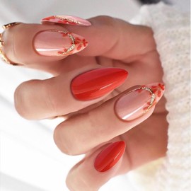 Fall Press on Nails Medium Almond SWEKKE French Fake Nails Red Full Cover Flower Glue on Nails Glitter Glossy False Nails with Designs Stick on Nails Artificial Acrylic Nails for Women Girls 24 Pcs