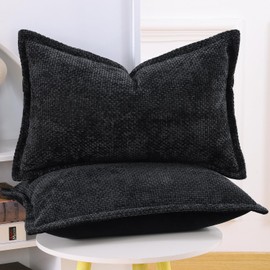 Madizz Set of 2 Chenille Velvet Cushion Covers with Flange Soft Boho Textured Throw Pillow Covers Broadside Pillowcases Modern Farmhouse Home Decor for Sofa Bedroom Black 12x20 inch, 30x50 cm