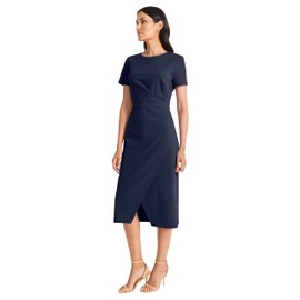 Maggy London Women's Elegant Fitted Midi Front Slit-Scuba Crepe Short Sleeve Professional Wedding Guest Cocktail Dress, Navy Blazer