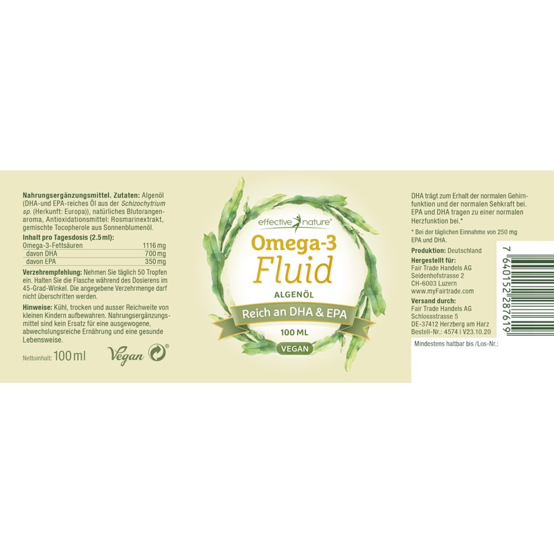 Effective Nature Omega-3 Oil EPA & DHA, Vegan Algae Oil