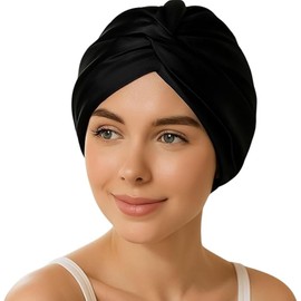 ANBOO Silk Hood for Sleeping Curls & Bonnet Silk - Satin Sleep Cap for Long Hair, 24 x 25 cm Hair Cap Against Frizz & Hair Breakage, Comfortable & Non-Slip (Black)