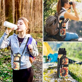 Water Bottle Sling Bag Sleeve Holder Carrier 25/32/40/64 oz ,Insulated Crossbody Water Bottle Case Cover with Strap and Pockets for Men/Women Walking Hiking Camping (40oz, Sunflower Green background)