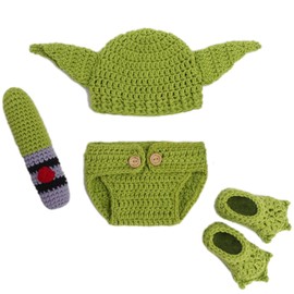 DICHA Handmade Crochet Costume- 4-Piece Set: Hat, Diaper,Booties Shoes and Lightsaber - Baby Photography Props for Newborns 0-3 Months - Soft Yarn Baby Photo Prop for Baby Yoda Fans