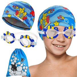 Fabric Swimming Cap Elastic Swim Cap Bathing Hat Anti Slip Swimming Pool Caps with Swimming Goggle and Storage Bag for Kids Toddler Teens Girls Boys (Ocean Style)