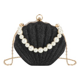MEGAUK Ladies Seashell Purse Shell Wallet Sequined Shell Shape Chain Shoulder Bag Mini Glitter Party Clutch Pouch (07880 Black)