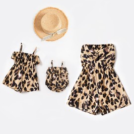 AWIBMK Mommy and Me Dresses Outfits Floral Print Sling Family Matching Belted Jumpsuit Romper V Neck Sleeveless Summer Casual Clothes Suit Set for Mother and Daughter Yellow Bustier Leopard Small