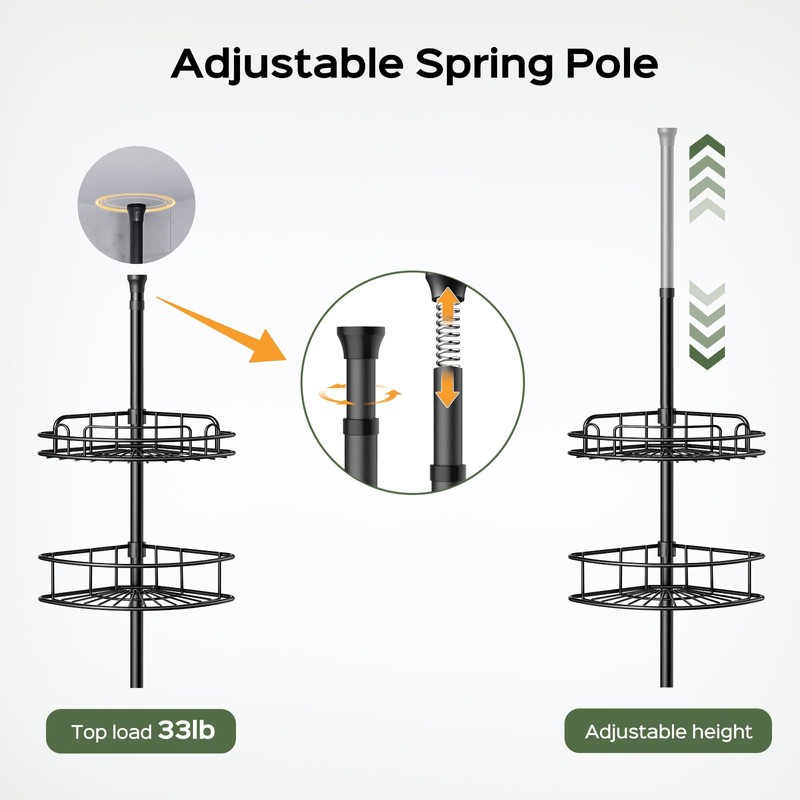 HAMITOR Corner Shower Caddy Tension Pole: 4-Tier Rust-Resistant Adjustable Bathroom
