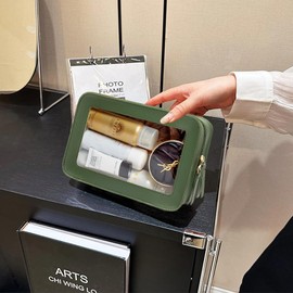 FFpaw Clear Makeup Bag Organizer, TSA Approved Portable Travel Toiletry Bag Multipurpose Cosmetic Bag Case for Women Vegan Leather Make Up Pouch Transparent Vinyl Windows & Handle Strap (Green)