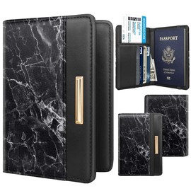 Passport Holder Cover Travel RFID Blocking Passport Cover Rose Gold Cute Flowers Passport Wallet with Elastic Band for Women, Black Marble, Casual