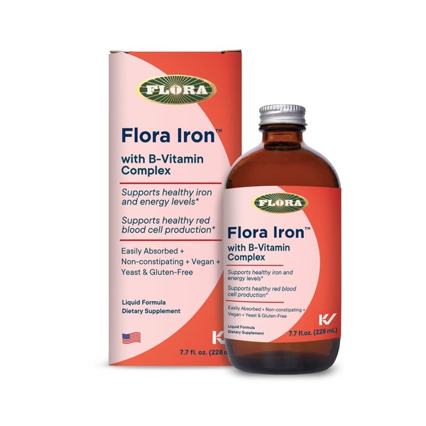Flora - Iron with B-Vitamin Complex, Helps Maintain Healthy Iron Levels, Non-Constipating, Highly Absorbable Vitamin-B & Iron Supplement, Vegan, Yeast and Gluten Free, 7.7-oz. Glass Bottle