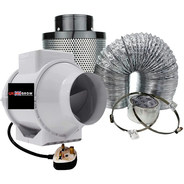 UK GROW Hydroponic ventilation kit 4" 100MM PROFFESIONAL COMPACT Indoor Intake Extractor Fan Carbon Filter Setup in-line Duct Fan Kit for Grow Room Tent Ventilation with Ducting Hose Pipe Clips
