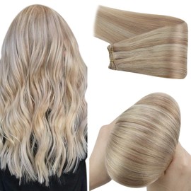 YoungSee Weft Hair Extensions Human Hair Sew in Blonde Sew in Hair Extensions Human Hair Thick Ash Blonde Highlights with Bleach Blonde Weft Extensions Real Human Hair Sew in 100g 14in