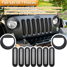 Front Grille Mesh Inserts & Headlight Cover for Jeep Wrangler JK JKU Sport Freedom Rubicon Sahara Unlimited 2007-2018 Exterior Accessories Clip-in Grille Guard Headlight Bezels Trim (Matte Black)