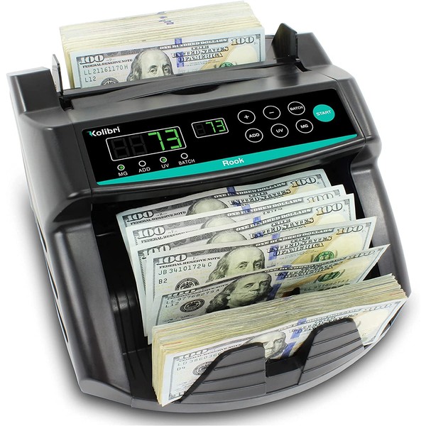 KOLIBRI Rook Money Counter with UV/MG/IR Counterfeit Detection – Count, Add & Batch Modes, 1,400 Notes per Minute Fast Bill Counter - US Dollar Cash Counter with Dual LED Display (1-Year USA Warranty)