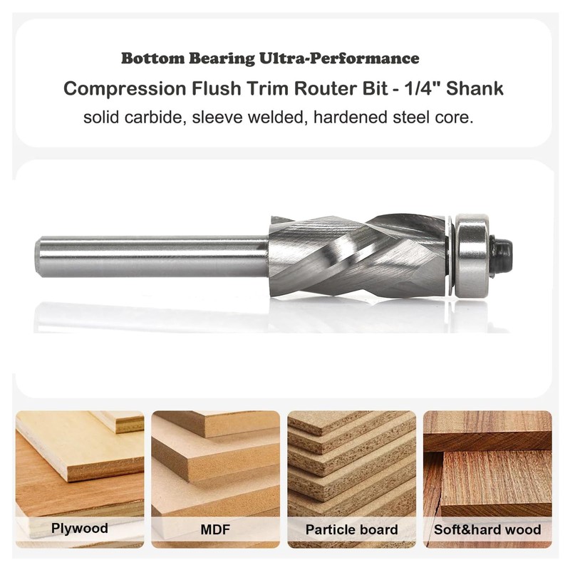 Sinoprotools Bottom Bearing Compression Spiral Flush Trim Router Bit 1/4