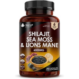 Shilajit Seamoss and Lions Mane Capsules 6000mg - High Strength Complex - 60% Fulvic Acid Shilajit, Irish Sea Moss, Lions Mane 100% Fruiting Body - Vegan, UK Made 360 Capsules