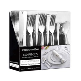 160 Pack Silver Plastic Cutlery Disposable Silverware - 80 Forks, 40 Knives, 40 Spoons - For Catering, Parties, Dinners, Weddings, and Everyday Use